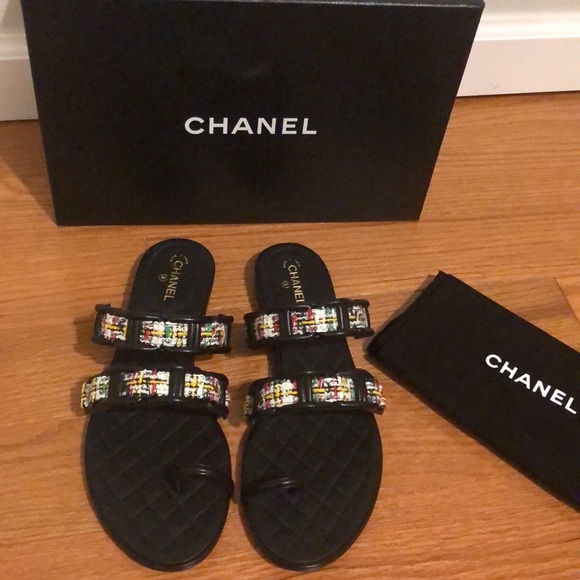 CHANEL Shoes - CHANEL black tweed lambskin sandal 39.5 brand new